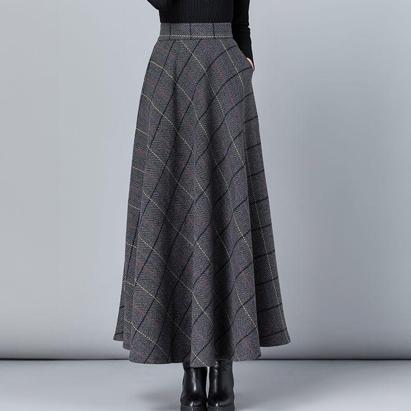 New Woolen Plaid Skirt for Women Mid-length Autumn and Winter Slimming High-waisted A-line Skirt Casual Long Skirt
