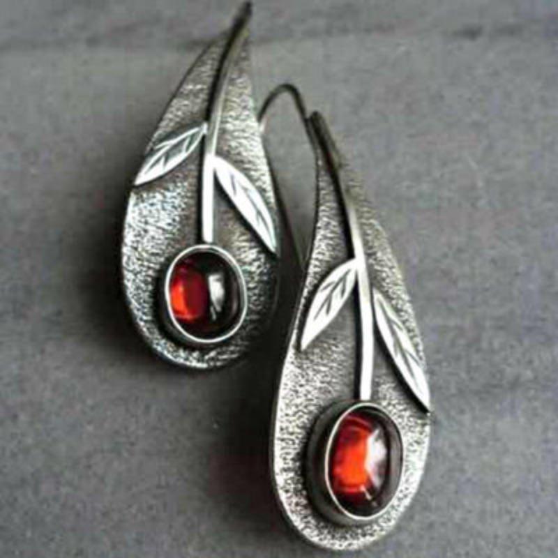 Vintage Pendientes Metal Antique Silver Leaf Drop Earrings For Women Boho Brincos Ethnic Red Resin Stone Earings Oorbellen Gifts