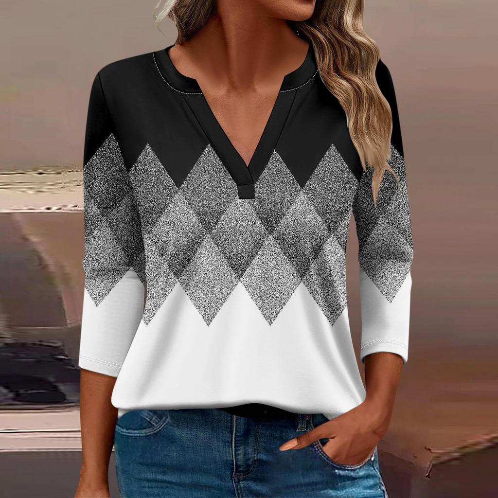 Женская футболка Футболка с принтом Рукав 3/4 Повседневные Выходные Мода Базовый V-образный вырез Обычный топ