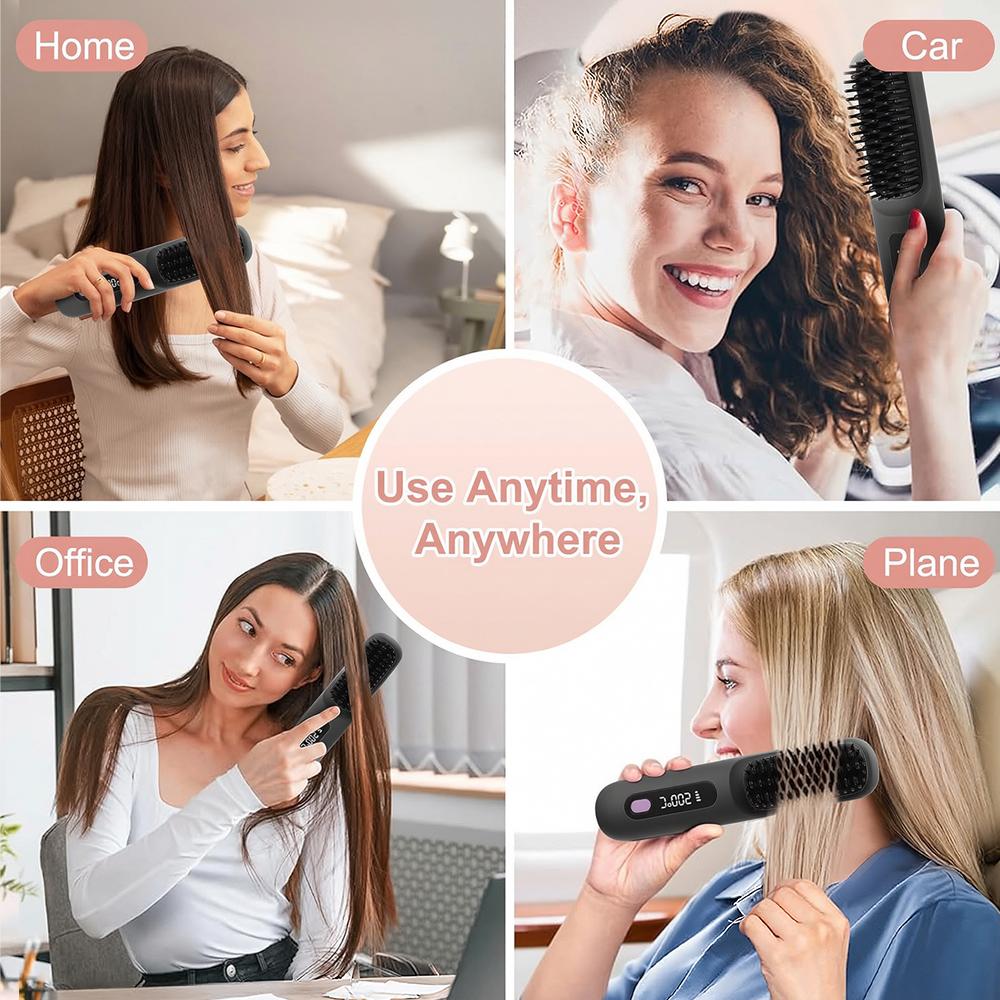 Cordless Rechargeable Hair Straightener Brush, Negative Ions Hair Straightener Comb with 3 Temp Settings, Fast Heating & Display
