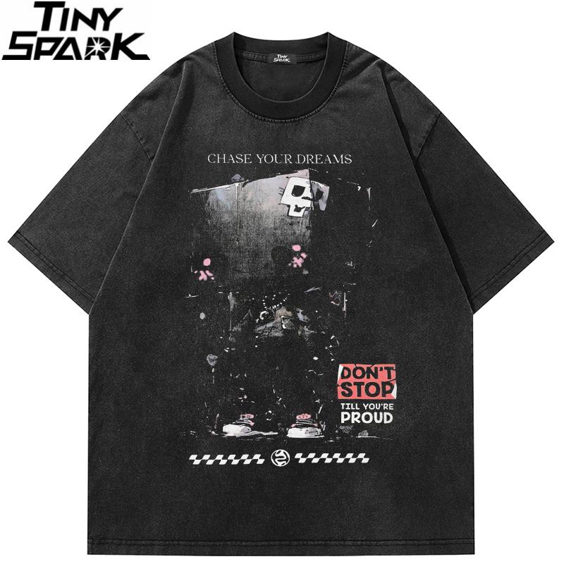 Men Streetwear Hip Hop Oversized T Shirt Washed Black Funny Robot Graphic T Shirt Vintage Tshirt Harajuku Cotton Tops Tees