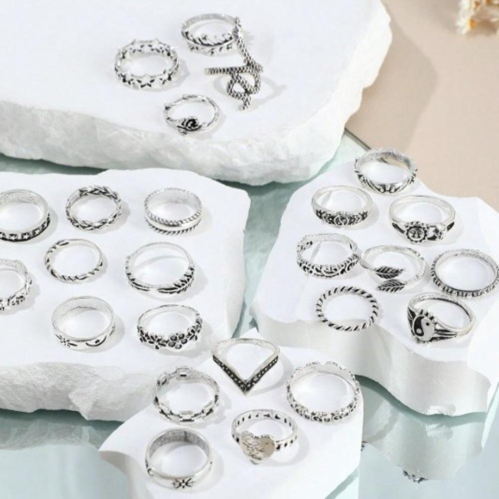 European and American 25-piece Ring Set, Snake Elephant Dripping Oil Gossip Love Leaves Small Flowers Geometric Joint Ring Female