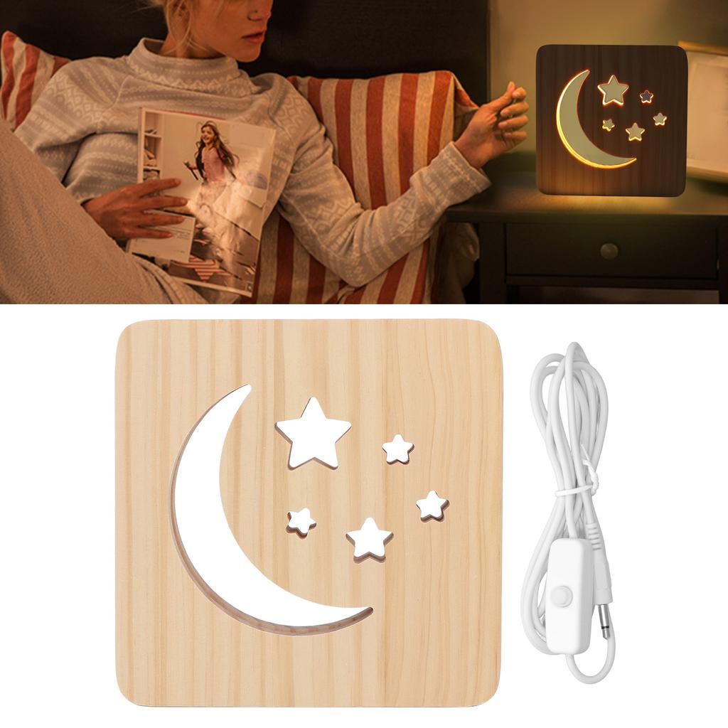 Деревянный 3D светодиодный светильник с рисунком луны и звезд, защита глаз, USB-блок питания, теплый белый ночник f