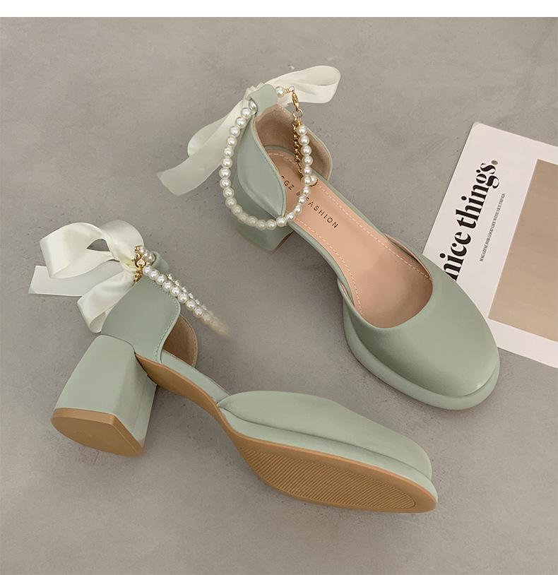Gentle and Simple Bow Small Thick Heel High Heels Women's 2025 New Summer Pearl French Mary Jane Shoes