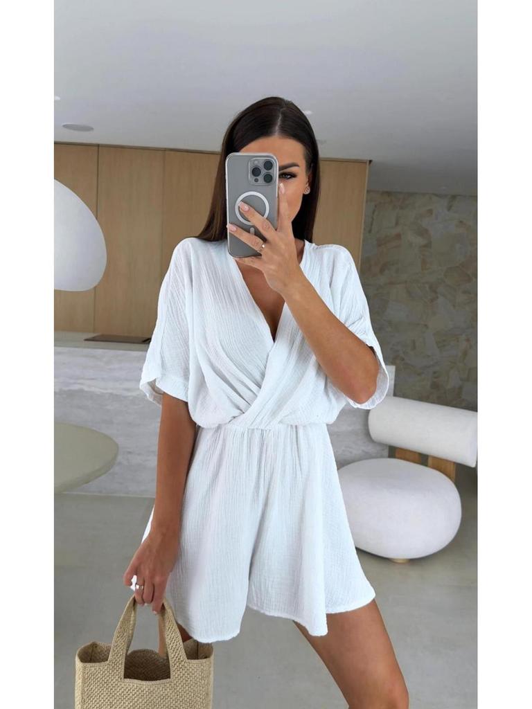 2025 Новый летний комбинезон-шорты с глубоким V-образным вырезом, коротким рукавом и сборкой на талии