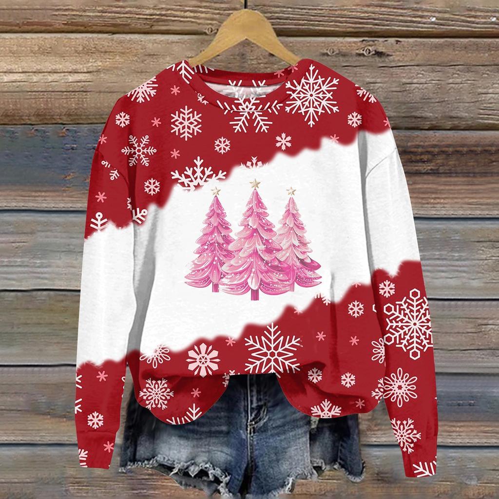 Женская мода рождественский принт длинный рукав свободный круглый вырез толстовка топ осень