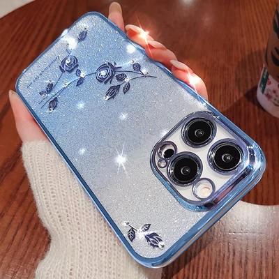 Applicable to Apple 17 Eternal Flower mobile phone case glitter rhinestone iPhone16proMax electroplating anti-drop 15 protective case
