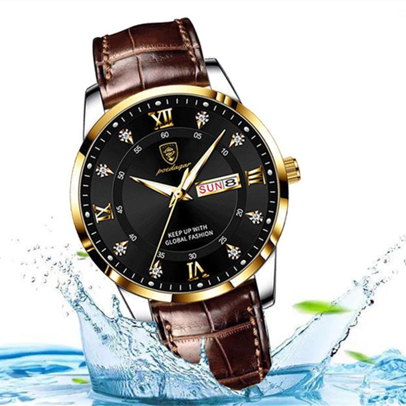 2022 Лучшие новые модные мужские часы, светящиеся водонепроницаемые тонкие часы с двойным календарем, кожаные мужские автоматические часы с бриллиантами