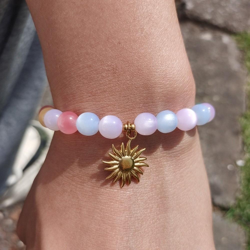 Gold Plated Sun Pendant Necklace Color Changing Cat Eye Choker Beaded Bracelet Set Photoshoot