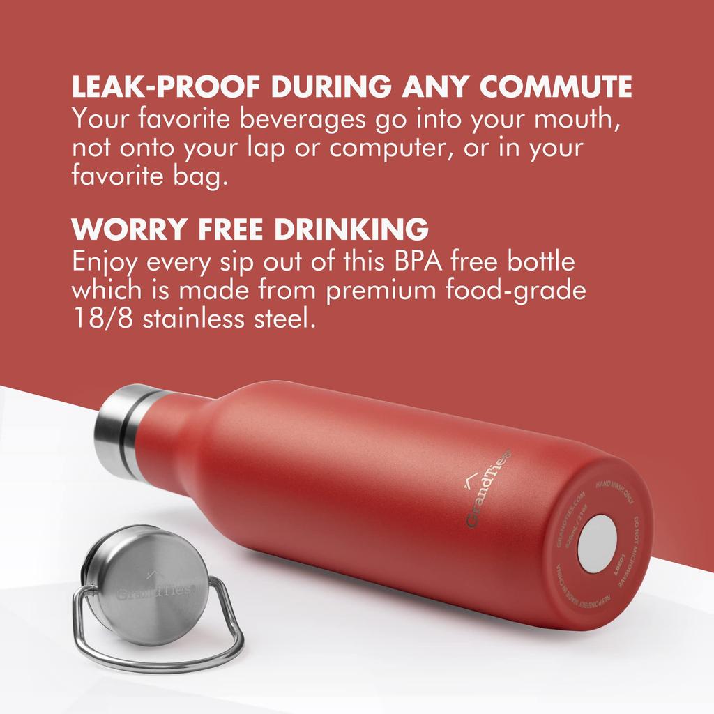 Бутылка для путешествий GRANDTIES, 620 мл, Доступна в 6 цветах (Клюква) с 2 крышками, бутылка из нержавеющей стали, двухслойная вакуумная изоляция, сохраняет напитки