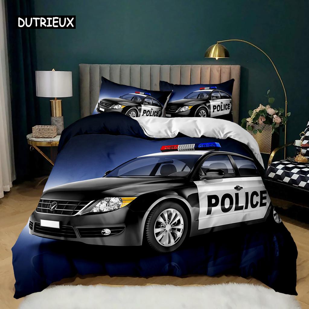 Пододеяльник с изображением полицейской машины, черный комплект постельного белья с изображением полицейской машины, чехол для одеяла с изображением мультяшного транспортного средства, красный чехол для пододеяльника с изображением полицейских огней из полиэстера