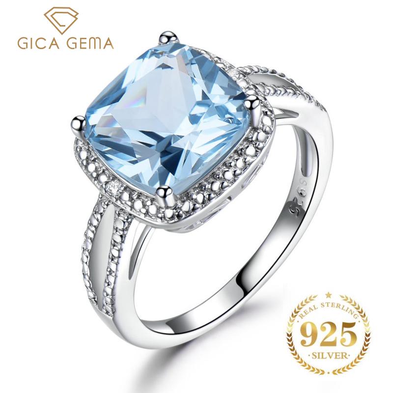 Gica Gema Real 925 Sterling Silver Rings For Women Gemstone Aquamarine Sky Blue Topaz Ring Cushion Romantic Gift Engagement Jewelry