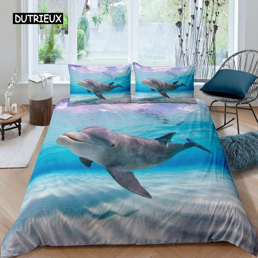 3D дельфин в синем море Queen King Size комплекты постельного белья Animal Single Quilt Duvet Cover Set Детская кровать для взрослых Полиэстеровое постельное белье