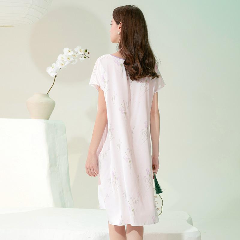 Fenteng Smooth Ice Silk Summer New Chinese Round Neck Thin Short-sleeved Silk Sleeping Skirt