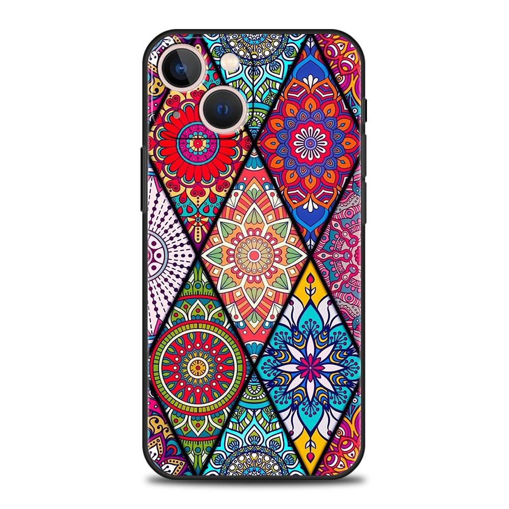 Цветочный тотем мандалы Роскошный чехол для телефона Для iPhone 13 15 14 12 11 Pro MAX XR X SE XS 7 8 Plus Силиконовый Черный Защитный чехол