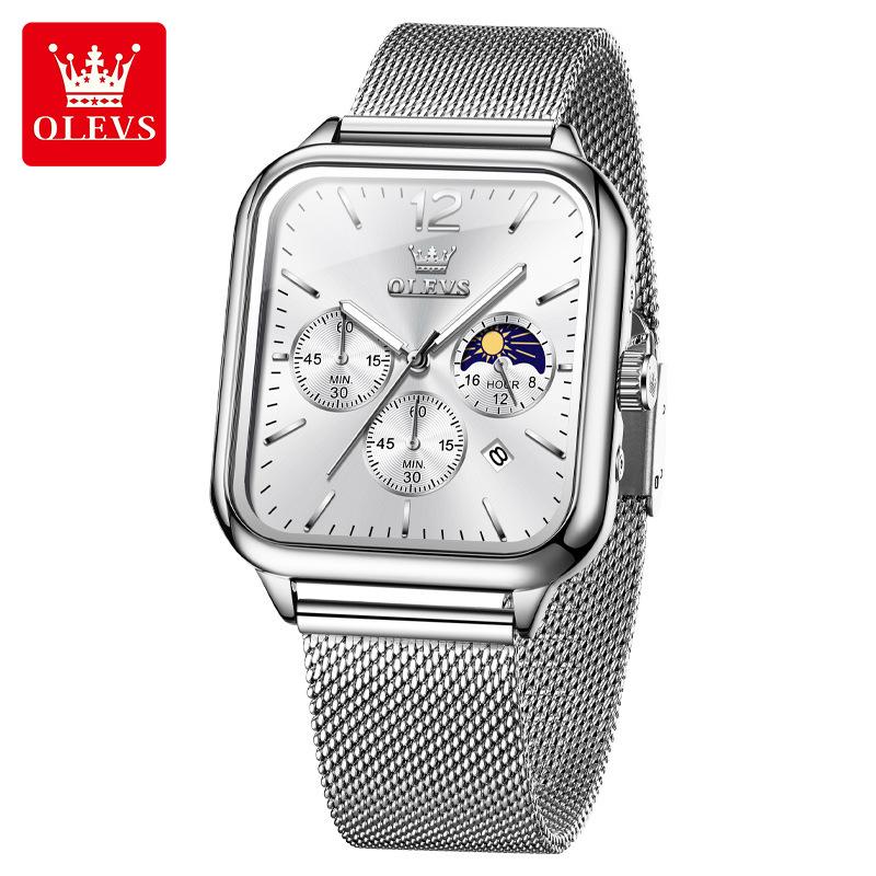 Square Quartz Men's Watch Three Eye Timer Moon Phase Automatic Date Waterproof Luminous Sports Watch