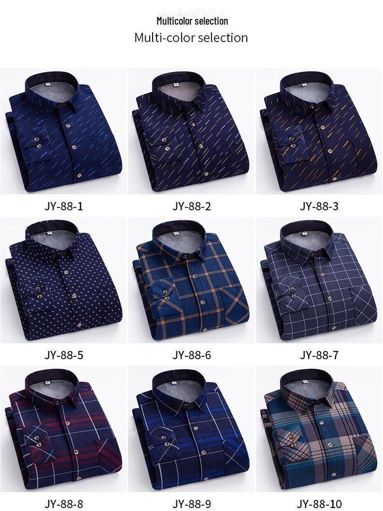Men's Elastic Non-Iron Plaid Shirt - Warm, Thickened, Long-Sleeved for Casual or Business Wear In Autumn and Winter.