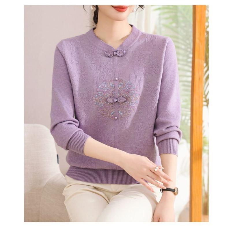 Spring Autumn Long Sleeve Sweater Women's Base Shirt Fashionable Mom Knitted Thin Tops for Middle-aged