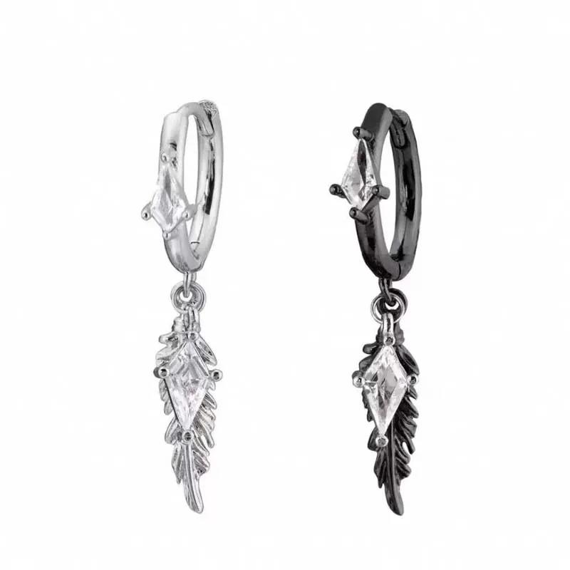 1Pc Gothic Black Feather Drop Earrings for Men Women Punk Red Zircon Geometric Personality Ear Buckle Earrings Y2K Jewelry Gifts