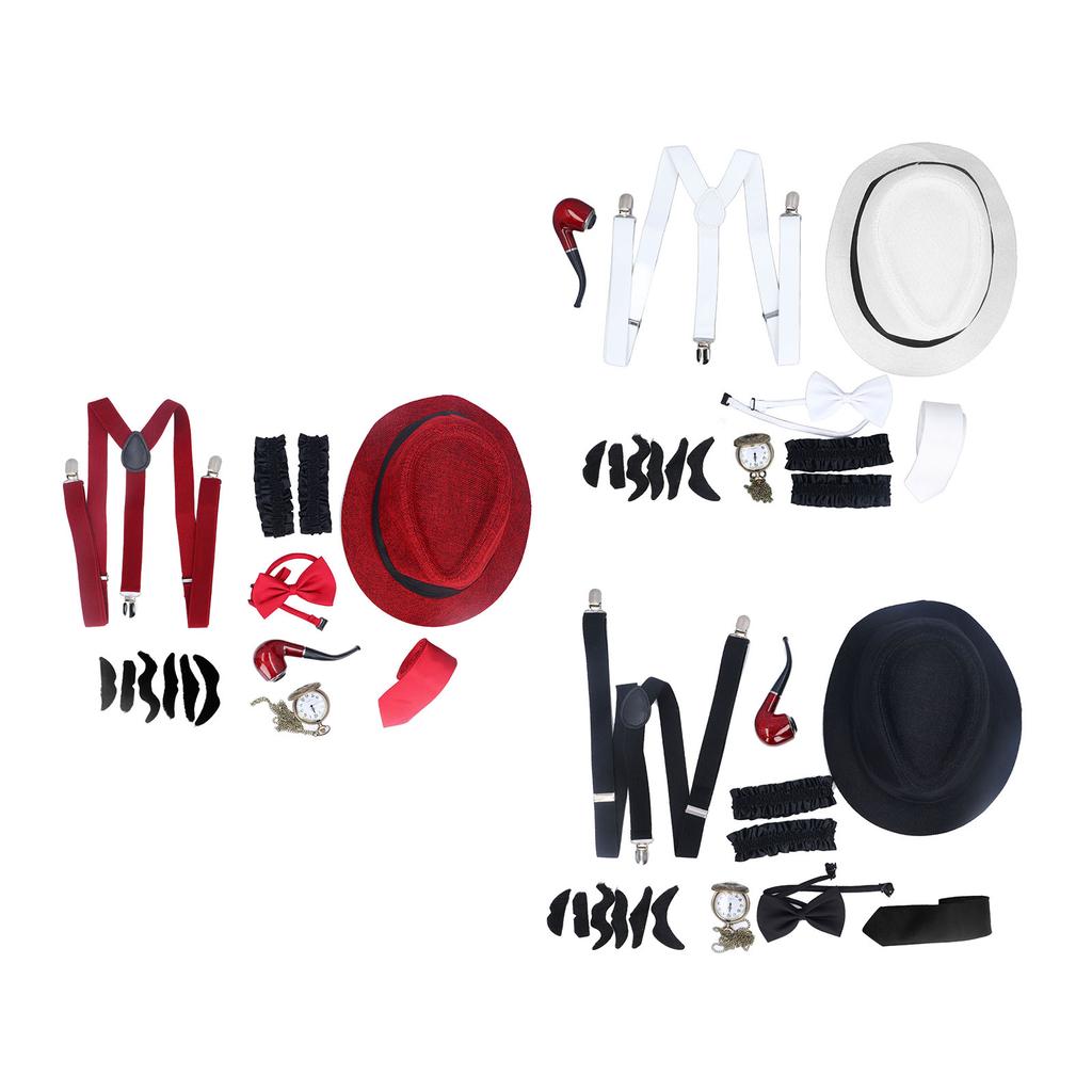 8 Pieces 1920s Grandpa Old Man Costumes Set with Suspenders Hat Watch Pipe Bow Tie Glasses Beard Kid