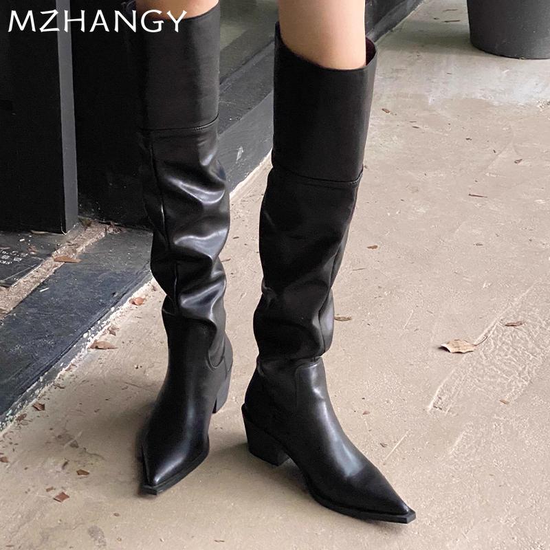 Модные женские сапоги с острым носком, кожаные сексуальные туфли на среднем каблуке, дизайнерская обувь для женщин, тренд 2025 года, элегантные зимние новые туфли-лодочки Mujer Chelsea Botas