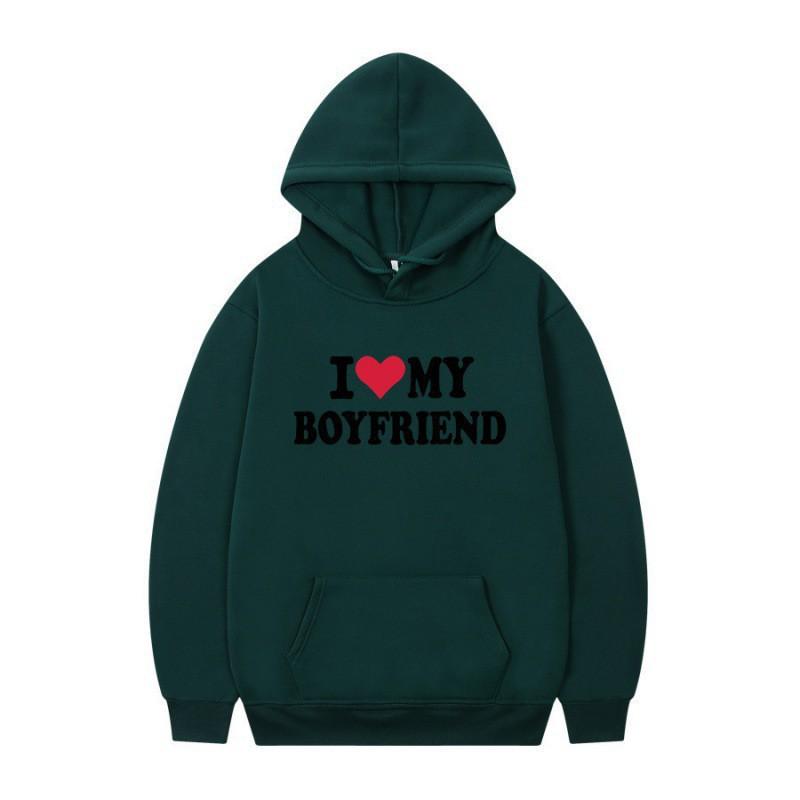Mens Gothic Streetwear Hooded Sweatshirt With I LOVE MY BOYFRIEND Print Long Sleeve Loose Fit