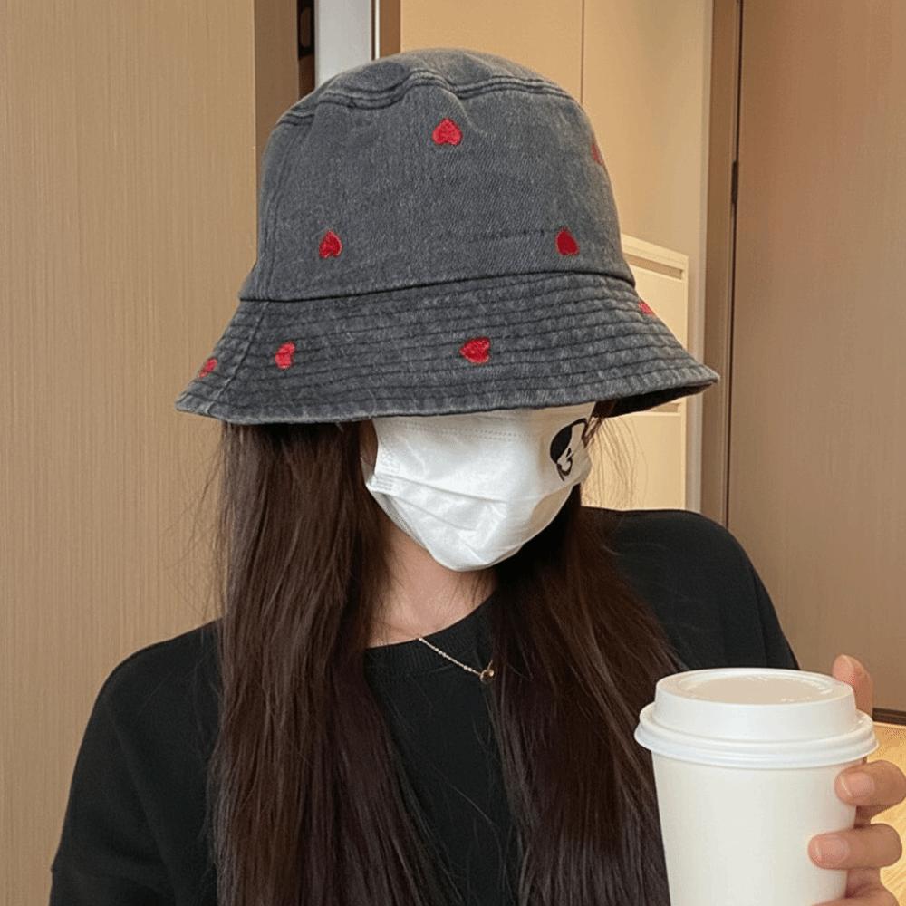 Love Heart Embroidery Denim Fisherman Hat Retro Sun Protection Hat Fashion Bucket Hat Women