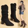 Fashion Women's Pleated Chunky Heel Pointed Toe Mid Calf Boots Comfortable Fashionable Sleeve Design for Winter Women's Boots
