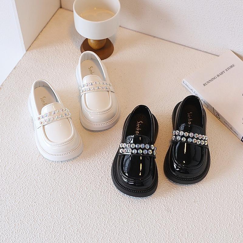 Girls PU Leather Shoes for Party Wedding Beaded Kids Princess Loafers Shoes with Pearl Slip-on Children Performance Shoes I07214