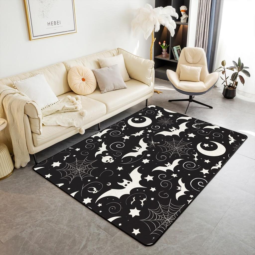 Erosebridal Moth Skull Moon Area Rug 4'11" x 3'3" Bohemian Stars Exotic Living Room Rugs Starry Sky Mysterious Decorative Carpet Black and W