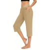 Women  Elastic High Waist 3/4 Pant Casual Active  Fit Wide Capris Leg Pants Trousers With Pockets