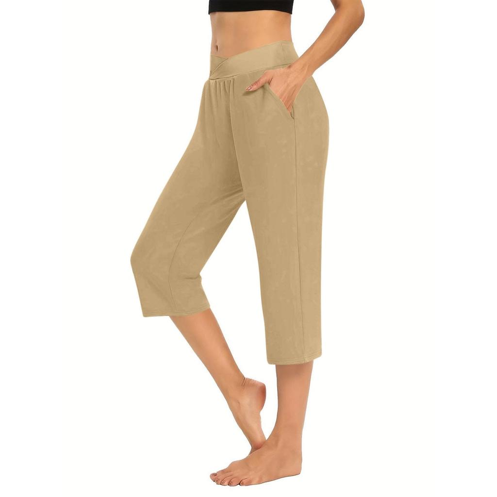 Women  Elastic High Waist 3/4 Pant Casual Active  Fit Wide Capris Leg Pants Trousers With Pockets