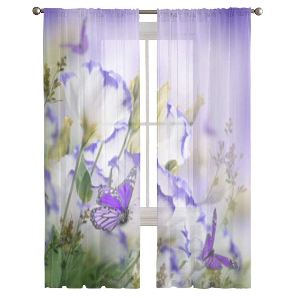Roses And Butterfly Floral Flower Purple Tulle Sheer Curtains for Living Room Bedroom Kitchen Decoration Voile Organza Curtains