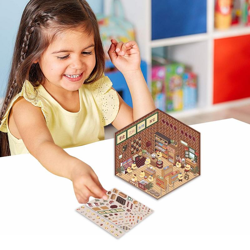 Miniature House Stickers 3D Effect Cartoon Scene Stickers kit 1 Scene 2 Stickers for Party Gift Make Kids Own House Stickers
