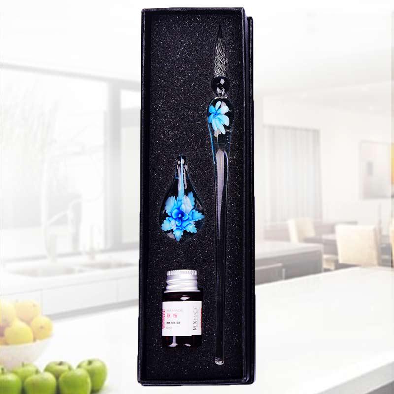 Ручка-перо, подставка для ручки и чернила с перламутром в подарочной упаковке