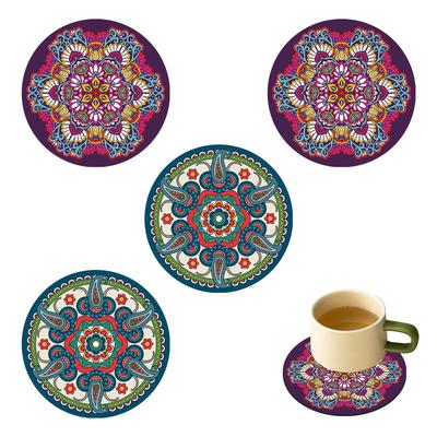 Подставки под стаканы Coollooda Colorful Mandala [Набор из 4 штук] Силиконовые подставки, Подставки под чашки, Нескользящие, Круглые, Высокоабсорбирующие, Изолирующие, Быстросохнущие, Стильные,