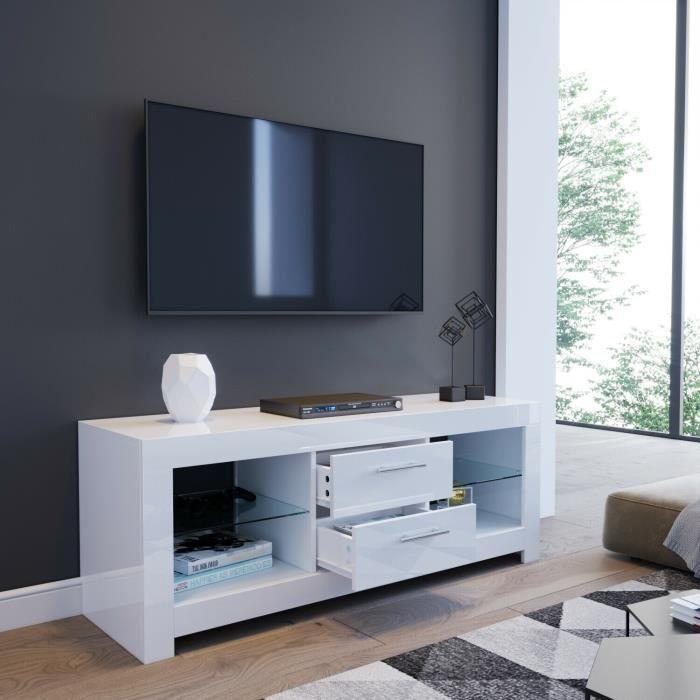 Meuble TV - Blanc Brillant - Avec éclairage LED - 2 tiroirs et étagères en verre