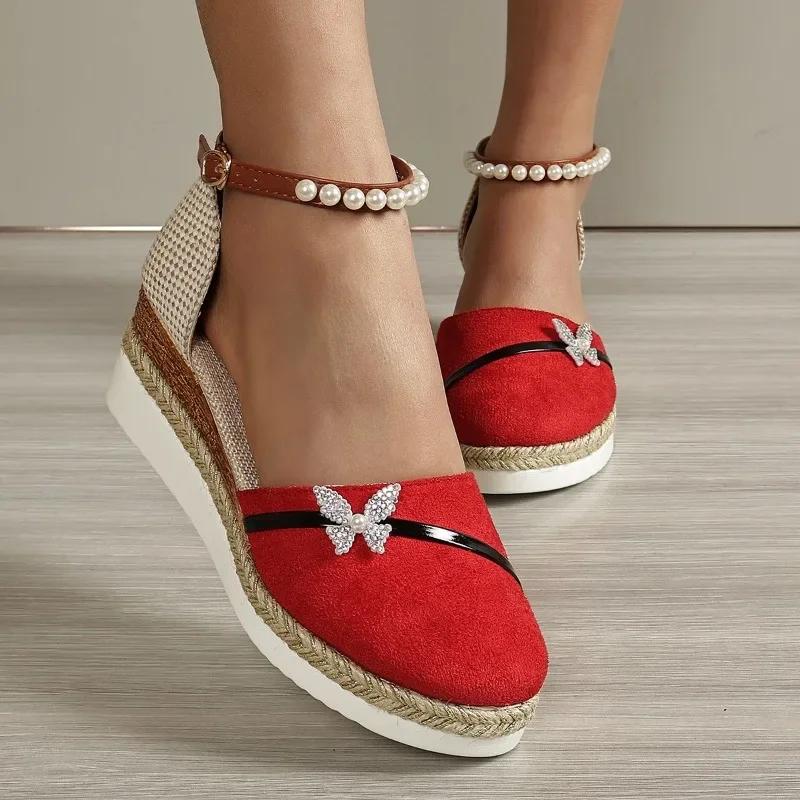 Новые летние женские босоножки на танкетке Butterfly Pearl Linen 2024 года, повседневные удобные эспадрильи в стиле бохо на платформе