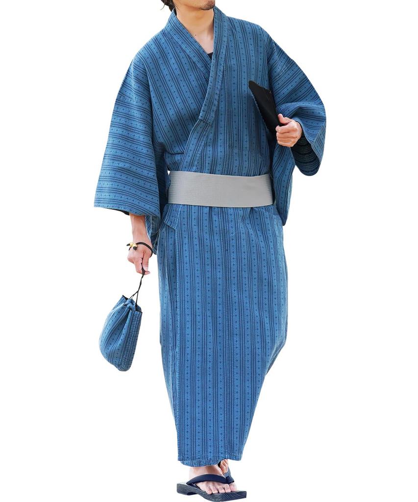 Юката комплект из 6 предметов Shingen Waist S Indigo Jade Stripe Easy to Yukata Лето Японский Японский [Rochelle] Мужской (Юката, Оби, Гета, Сумка, Веер, Ремень) М,