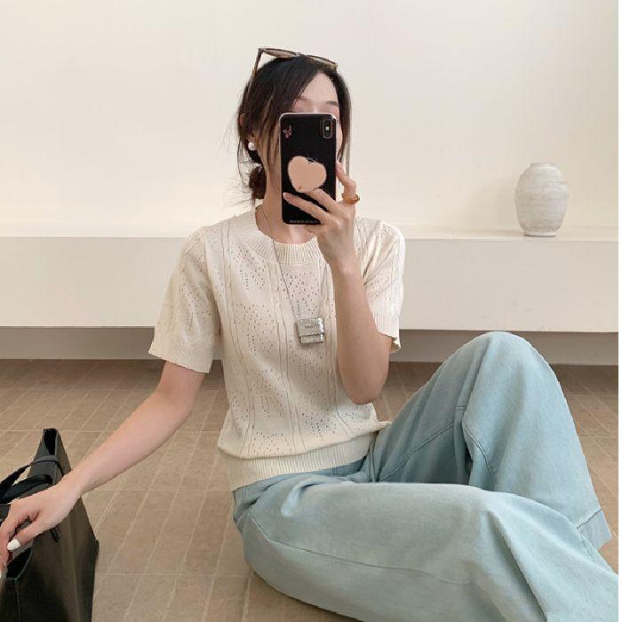 Топ женский вязаный с коротким рукавом и круглым вырезом, ажурный, в новом летнем стиле