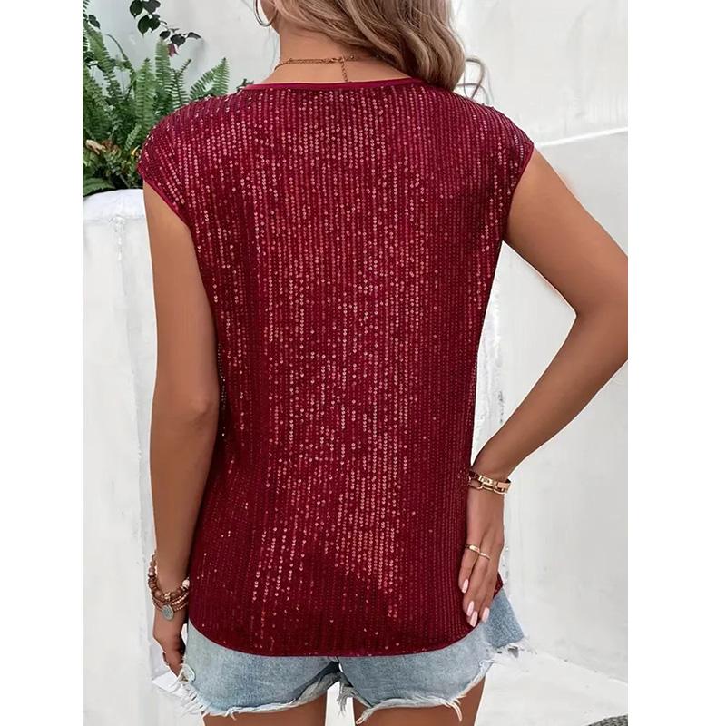 Женская мода, повседневная футболка с круглым вырезом и блестками, пуловер с короткими рукавами, топ