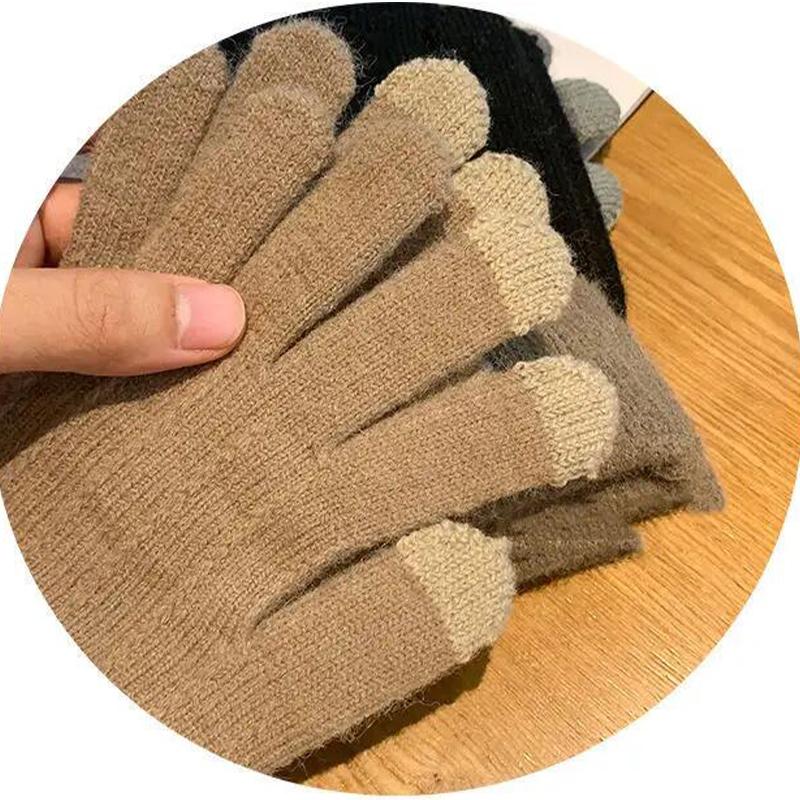 Вязаные байкерские перчатки с кожаной этикеткой, зимние уличные перчатки с полным пальцем для женщин