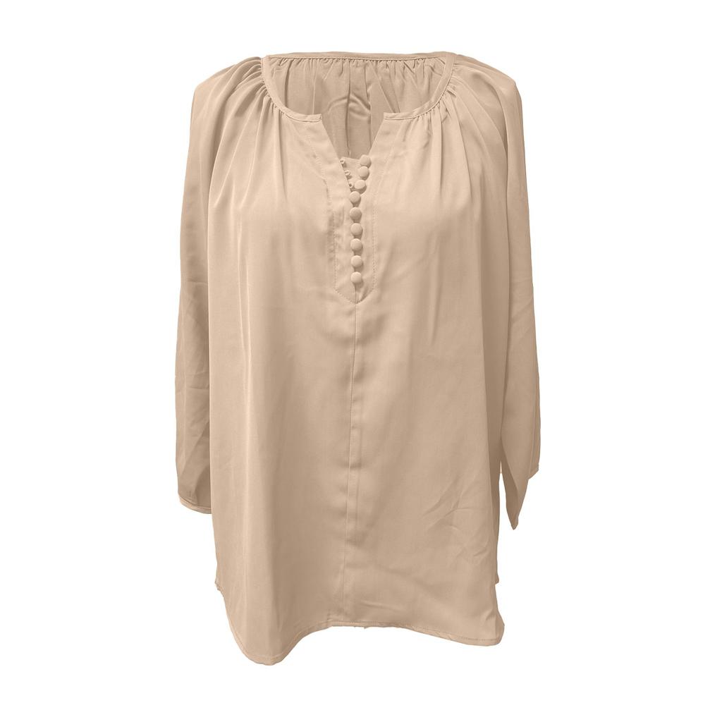 Women's Loose Casual Solid Color V-neck Seven Quarter Sleeved Button Up Shirt Button Up Shirt