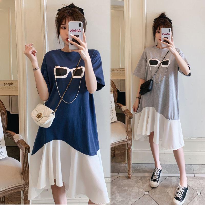 Летнее платье для беременных в корейском стиле с оборками - свободный крой, размер плюс, длинная юбка-футболка в тренде