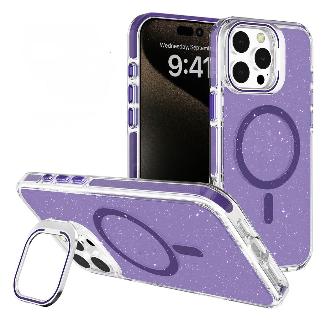 For iPhone 16 Pro Case Compatible with MagSafe Lens Kicktand Glitter PC Phone Cover