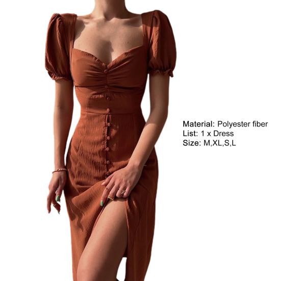 Платье женское летнее однотонное с пышными короткими рукавами, сборками, однобортное, с разрезом по подолу