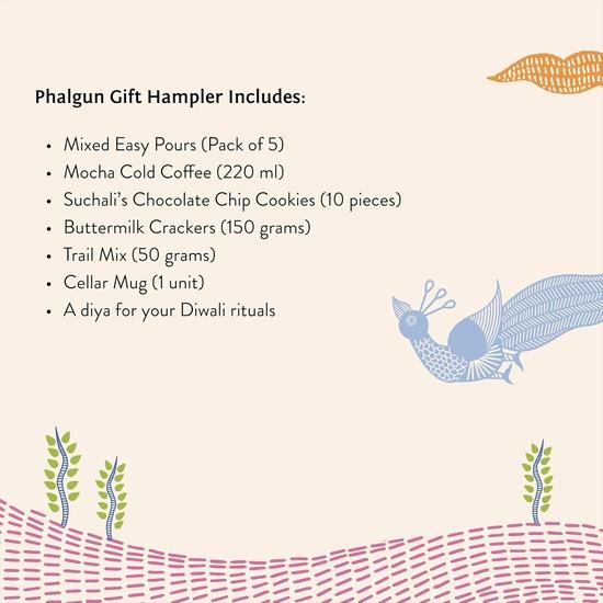 Blue Tokai Coffee Roasters Festive Phalgun Gift Hamper | Assorted Hamper for Coffee Lovers | Celler Mug, Can, Trail Mix, Crakers & Coffee Gifts