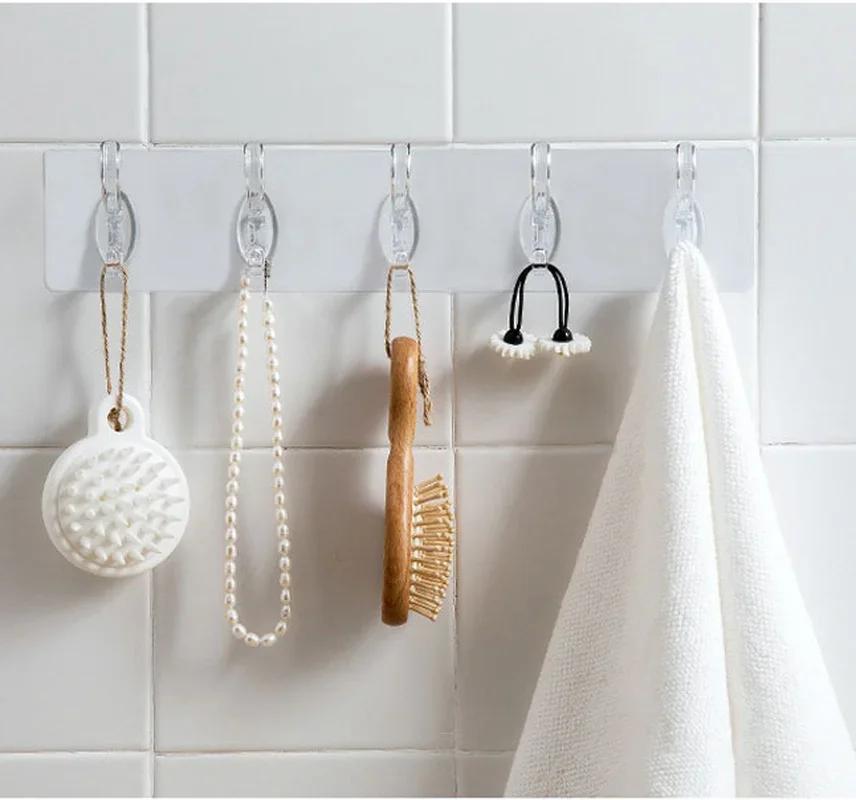 Прозрачный 6 крючковПластиковые крючки для одежды Кухня Ванная комната Шесть рядов крючков Крючок для стены без дырокола Аксессуары для полотенец для ванной