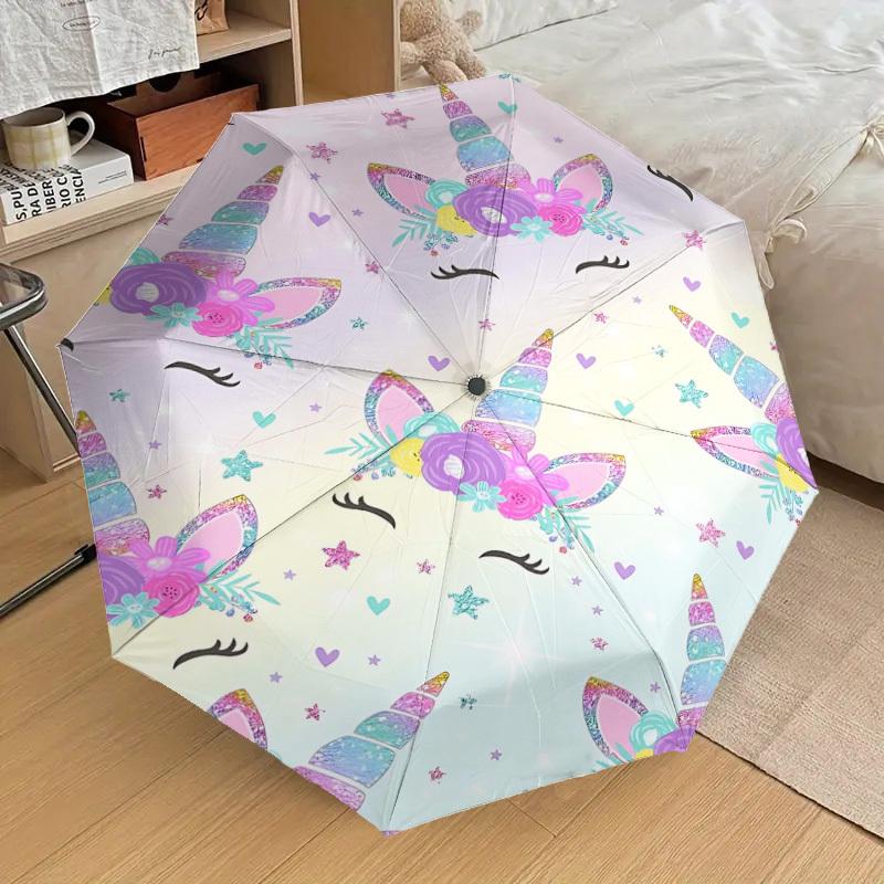 1PC Unicorn Flowers Umbrella-8-Rib Reinforced Portable Folding Travel Suitable for All Seasons Outdoor Daily Use -J0322