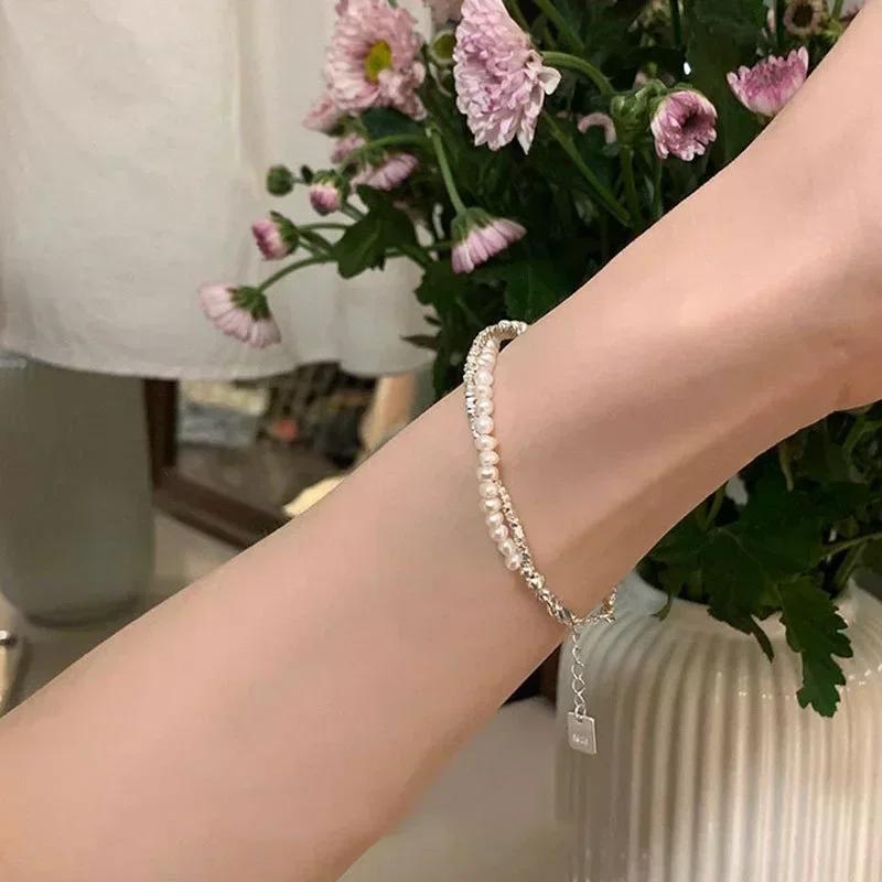 Браслет из серебра 925 пробы Двухслойный жемчужный браслет для женщин и девушек Винтажный роскошный дизайн Бусины Корейские украшения Браслет-шарм